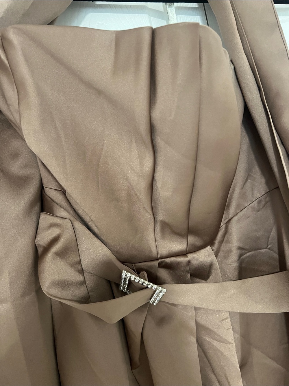 David's Bridal Strapless Brown Satin Gown with Rhinestone Belt - Picture 2 of 5